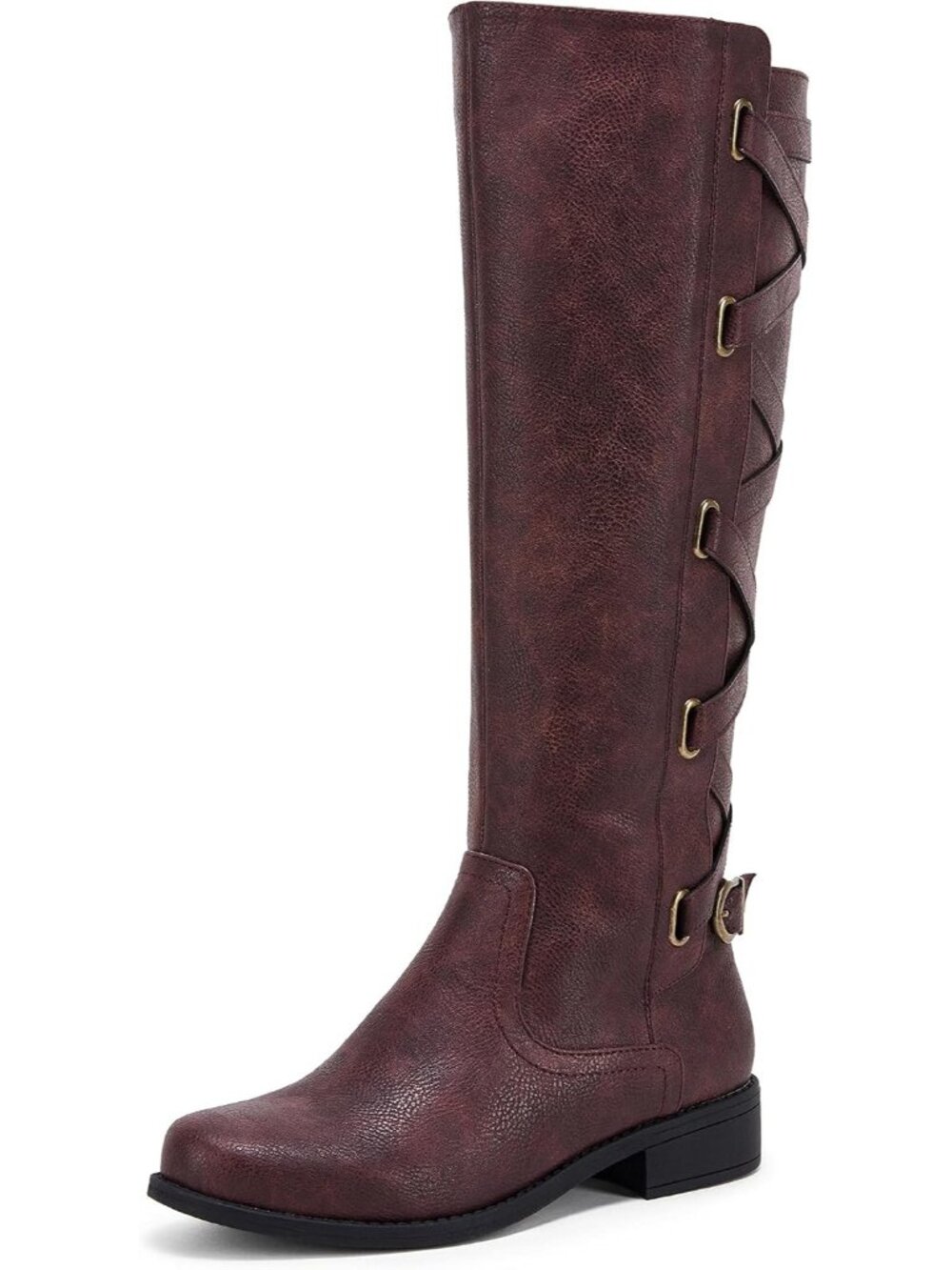 Women's Wine Red Strappy Motorcycle Lace Up Riding Flat Low Heel Knee High Boots